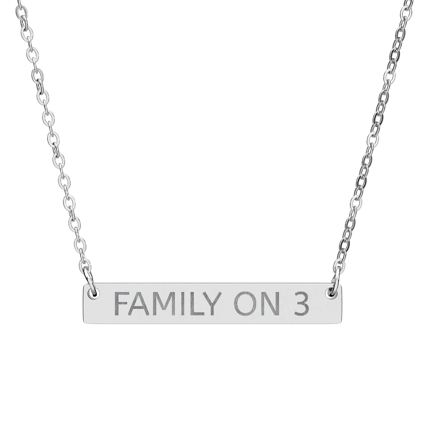“FAMILY ON 3” Engraved Horizontal Bar Necklace —  Pendant (Sterling/Rose Gold)
