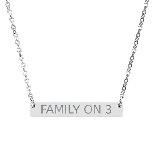 “FAMILY ON 3” Engraved Horizontal Bar Necklace —  Pendant (Sterling/Rose Gold)