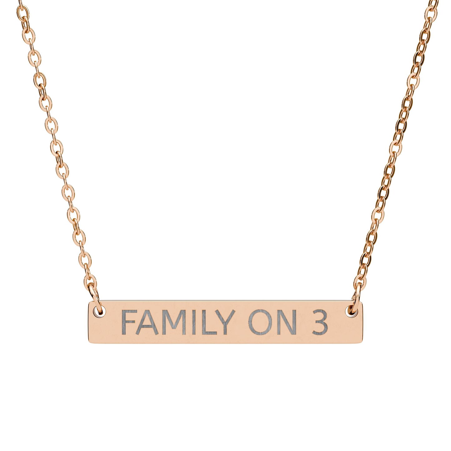 “FAMILY ON 3” Engraved Horizontal Bar Necklace —  Pendant (Sterling/Rose Gold)
